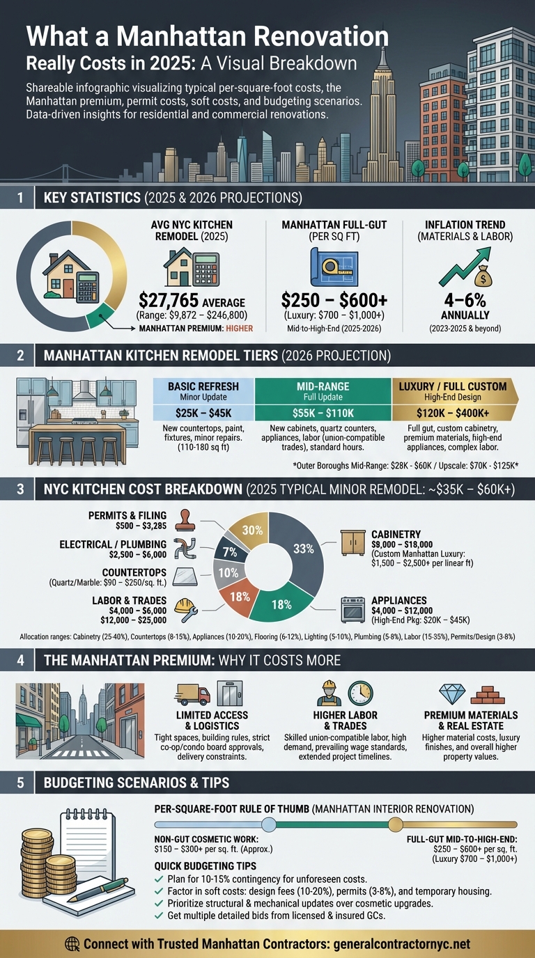 Infographic showing cost ranges for Manhattan kitchen remodels in 2025